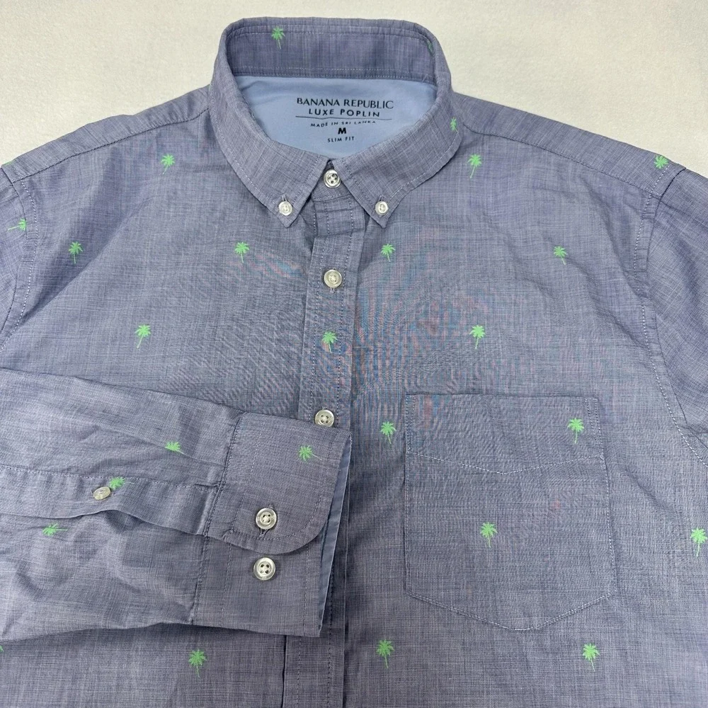 Banana Republic Shirt‎ Mens Medium Blue Palm Tree Luxe Poplin Slim Fit Casual